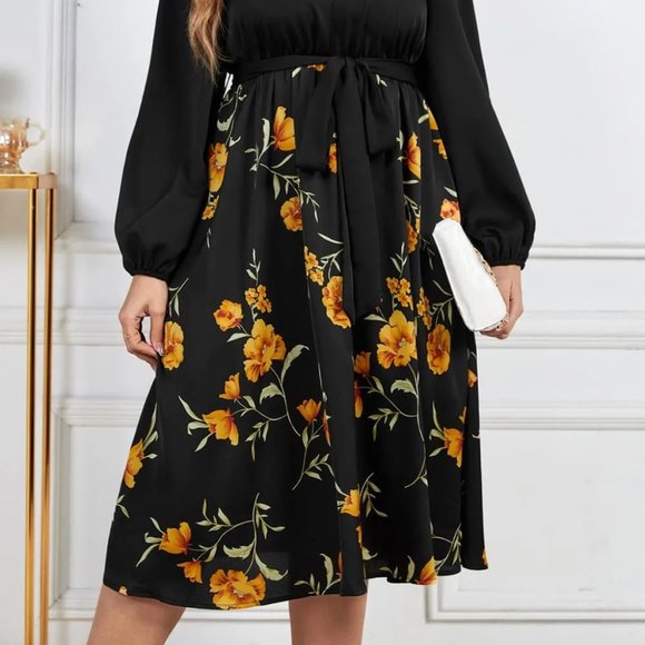 Melo Apparel Plus Size Floral Print Tie Belt V-Neck Balloon Sleeve Midi Dress - Picture 4 of 7